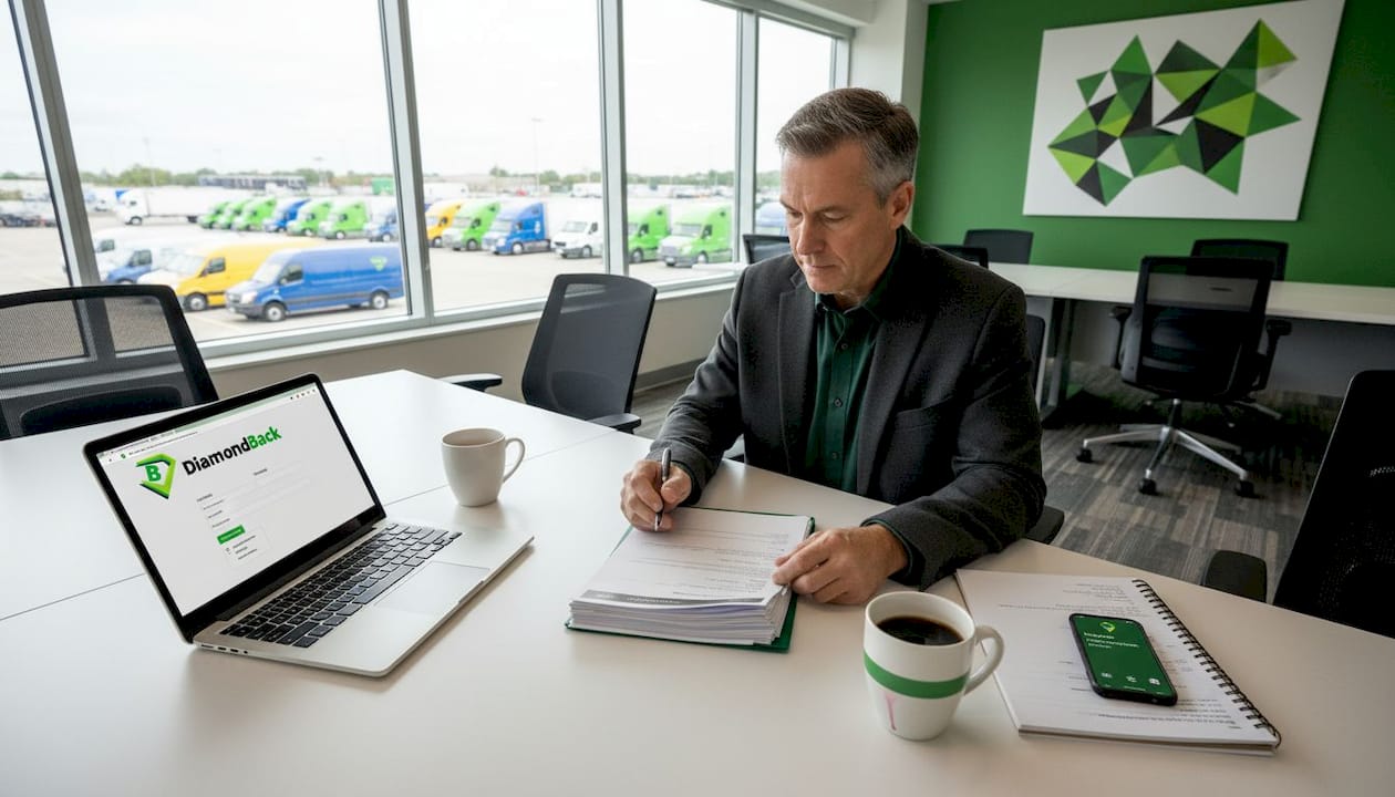 Fleet manager reviewing insurance paperwork in office
