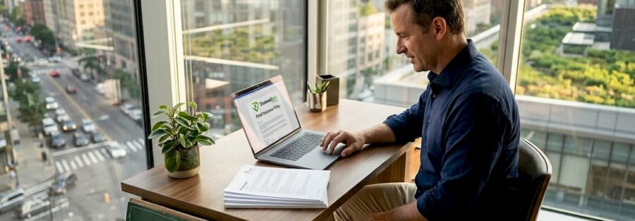 Business owner reading flood insurance policy