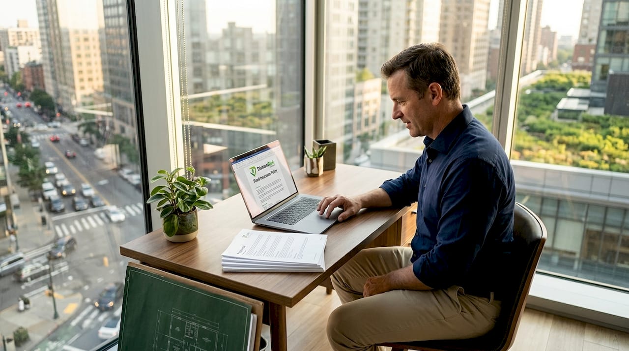 Business owner reading flood insurance policy