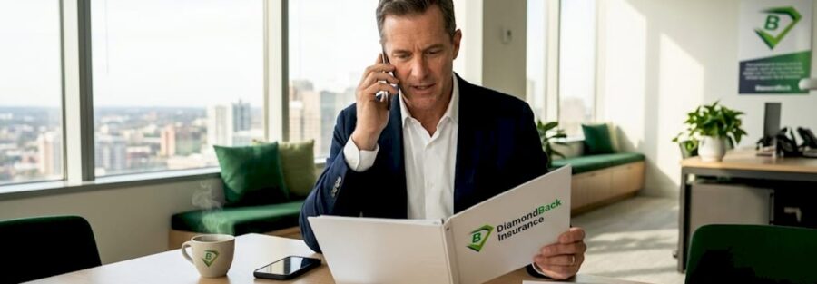Business owner reviews liability insurance documents
