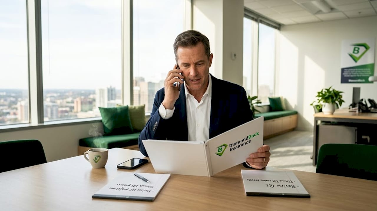 Business owner reviews liability insurance documents