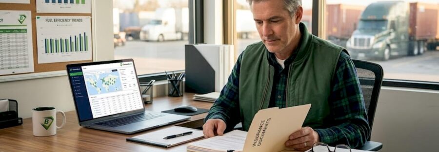 Fleet manager reviewing insurance paperwork at desk