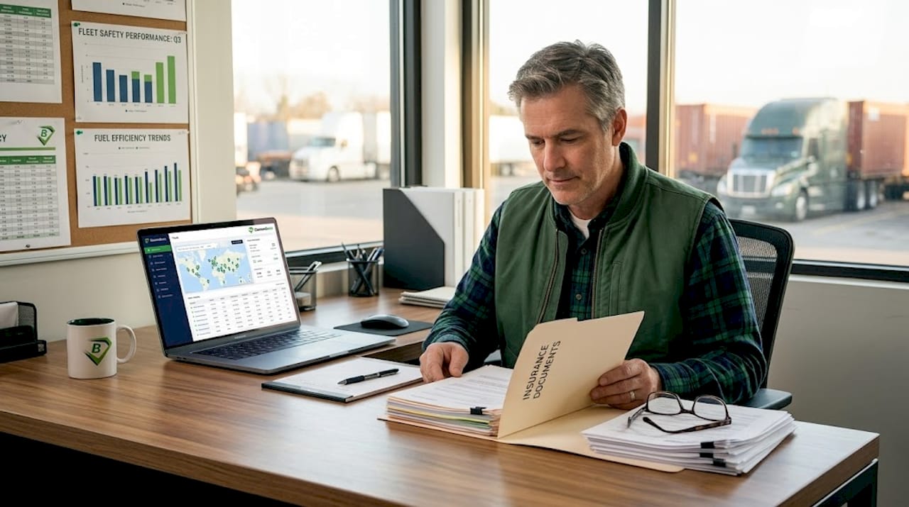 Fleet manager reviewing insurance paperwork at desk