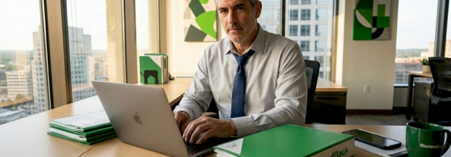 Insurance agent reviewing policy documents in office