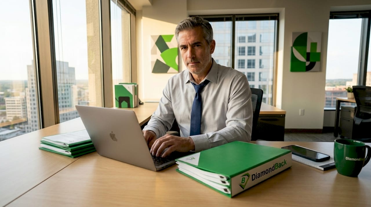 Insurance agent reviewing policy documents in office