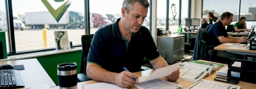Truck driver reviews paperwork in fleet office