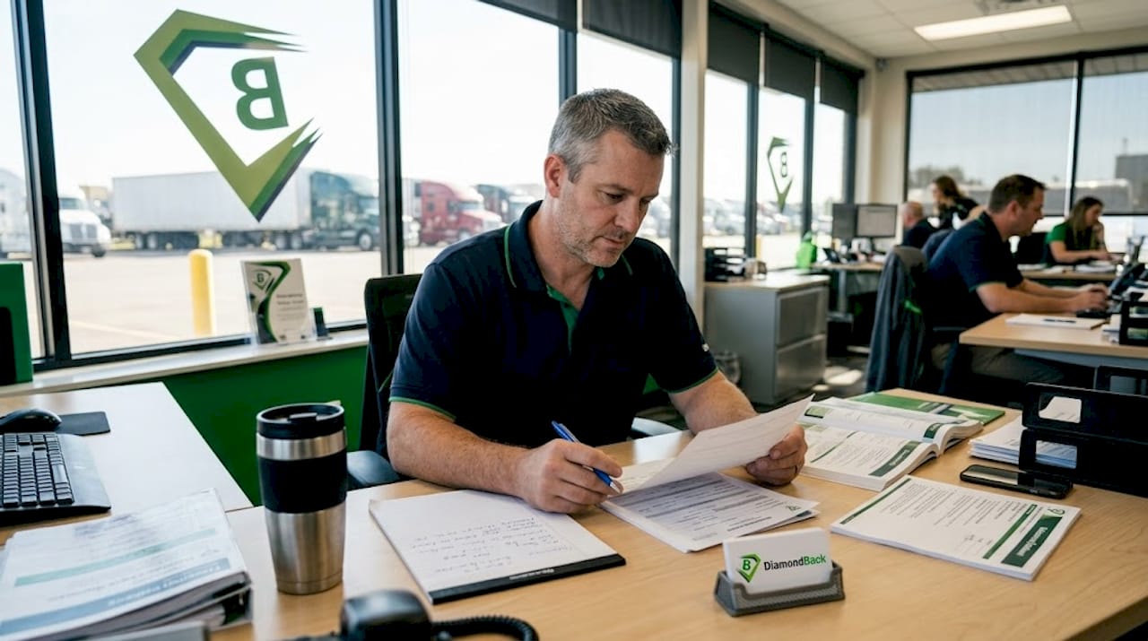 Truck driver reviews paperwork in fleet office