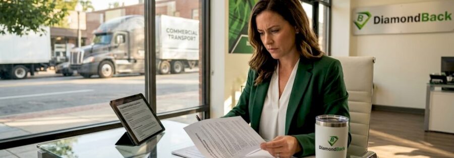 Insurance agent reviewing transportation policy paperwork
