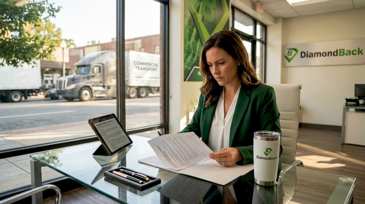Insurance agent reviewing transportation policy paperwork