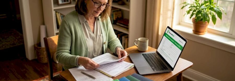 Woman organizing insurance claim paperwork at kitchen table