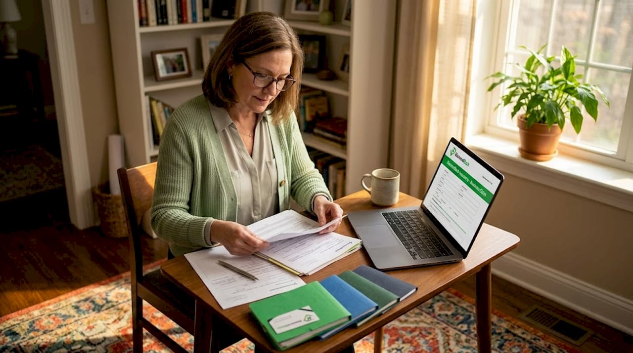 Woman organizing insurance claim paperwork at kitchen table