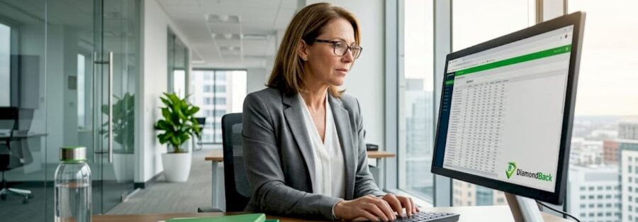 Insurance agent reviewing rating data in office