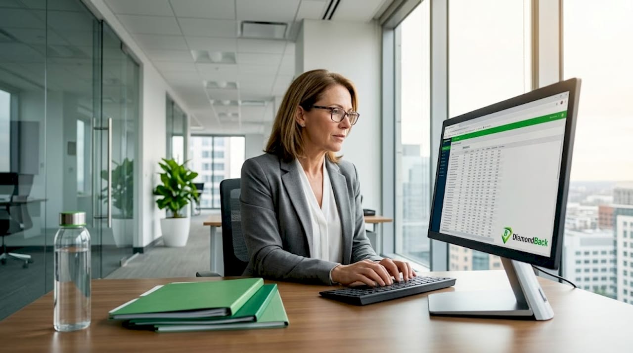 Insurance agent reviewing rating data in office