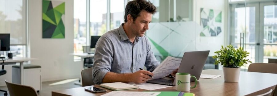 Agent verifying insurance documents in office