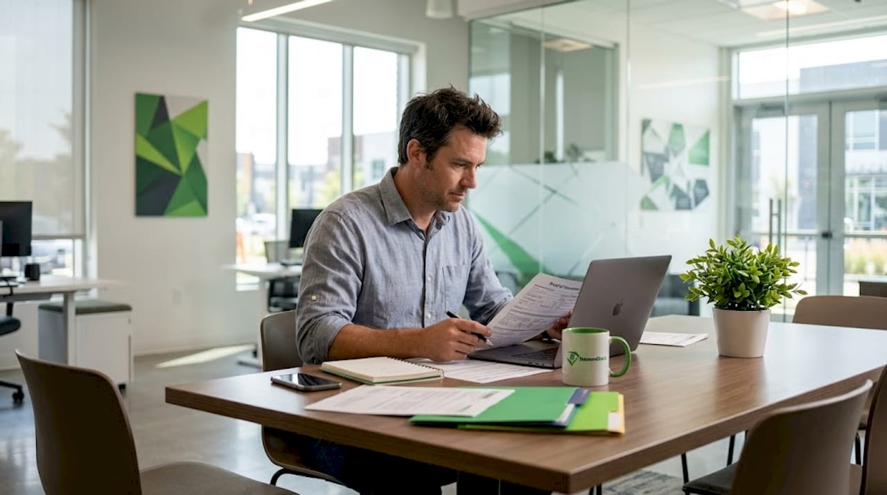 Agent verifying insurance documents in office