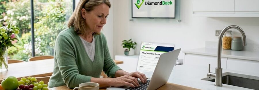 Homeowner at kitchen table buying insurance online