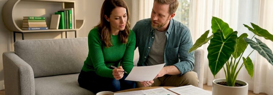 Couple reviews insurance papers on living room sofa