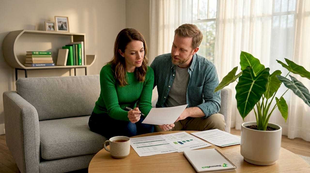 Couple reviews insurance papers on living room sofa