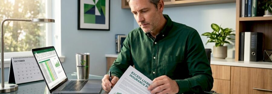 Businessman reading excess liability insurance document