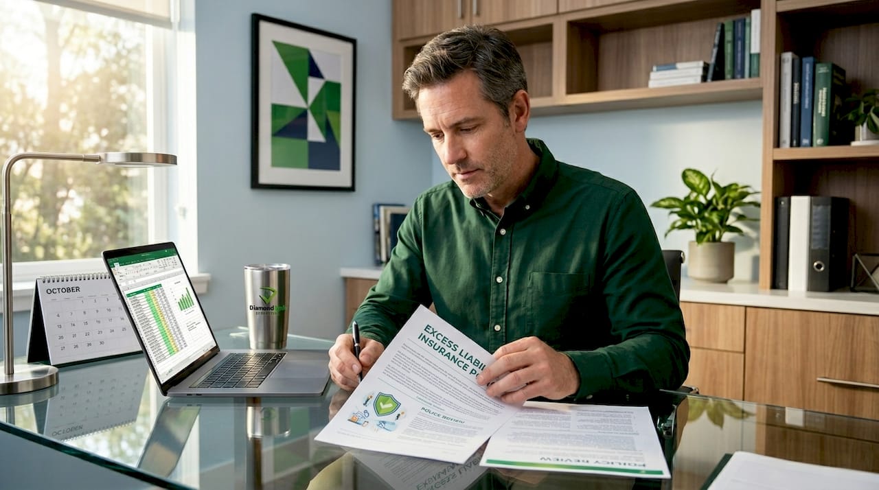 Businessman reading excess liability insurance document