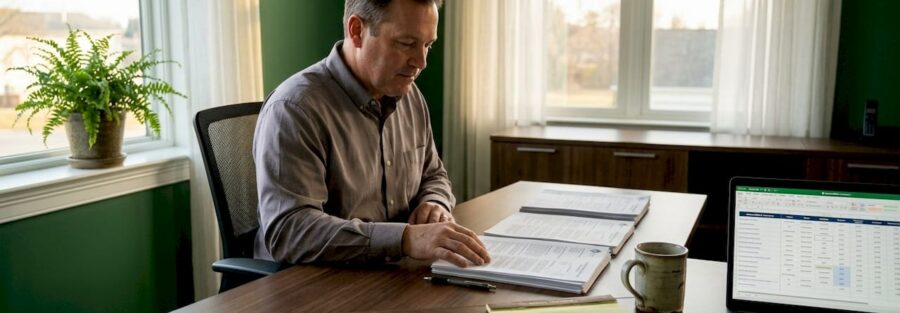 Fleet manager reviewing trucking insurance policies