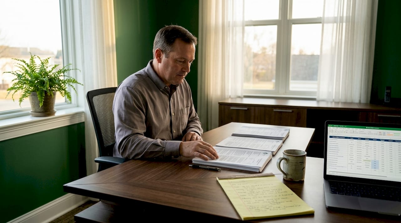 Fleet manager reviewing trucking insurance policies