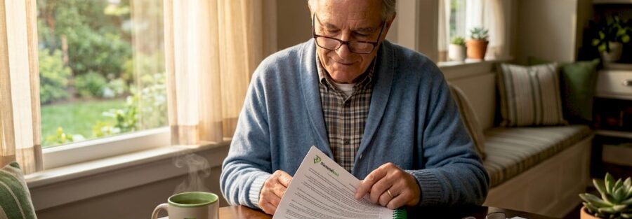 Homeowner reviewing insurance documents at kitchen table
