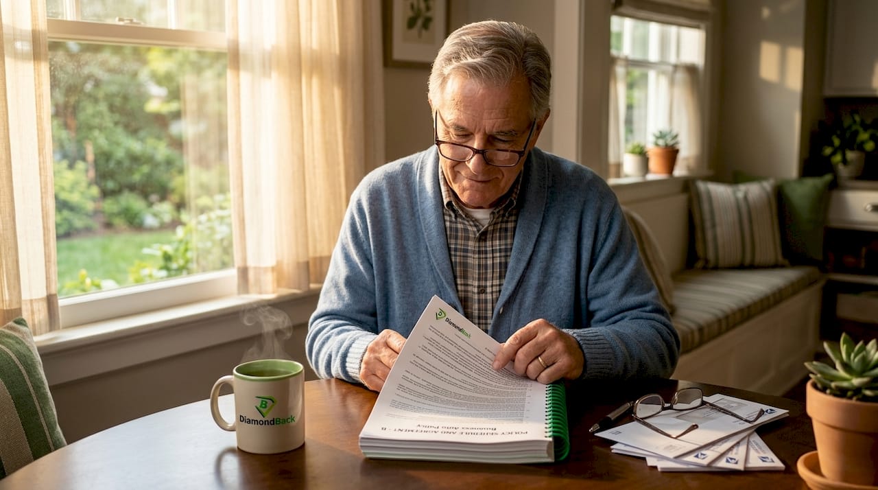 Homeowner reviewing insurance documents at kitchen table