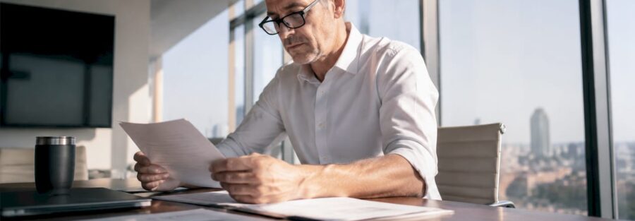 Fleet manager reviewing cargo insurance documents