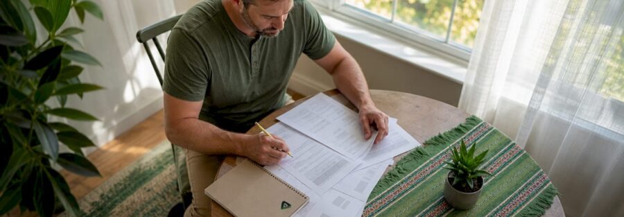 Man calculating insurance deductible at home