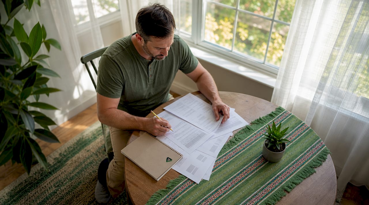 Man calculating insurance deductible at home