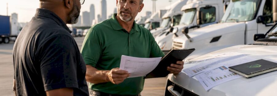 Fleet manager reviewing insurance documents at desk
