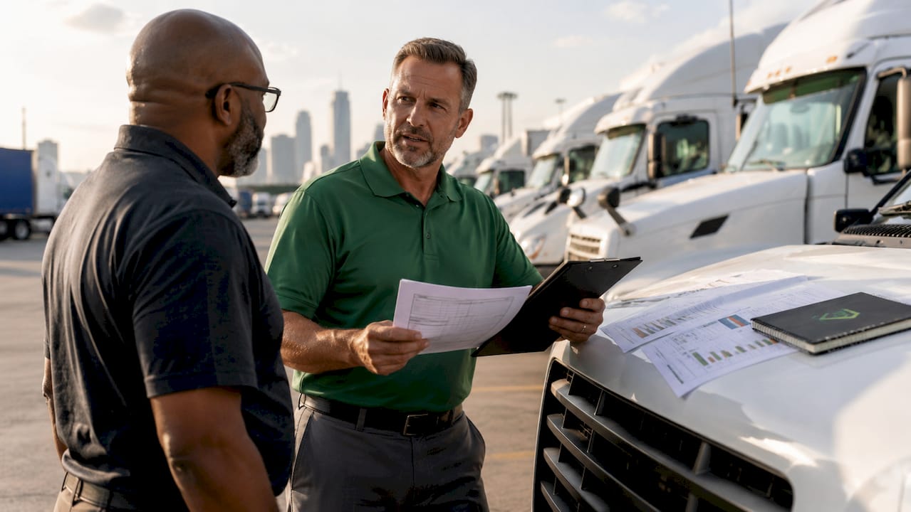 Fleet manager reviewing insurance documents at desk