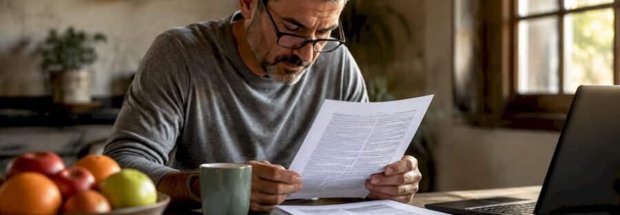 Trucking owner reviewing insurance documents at desk