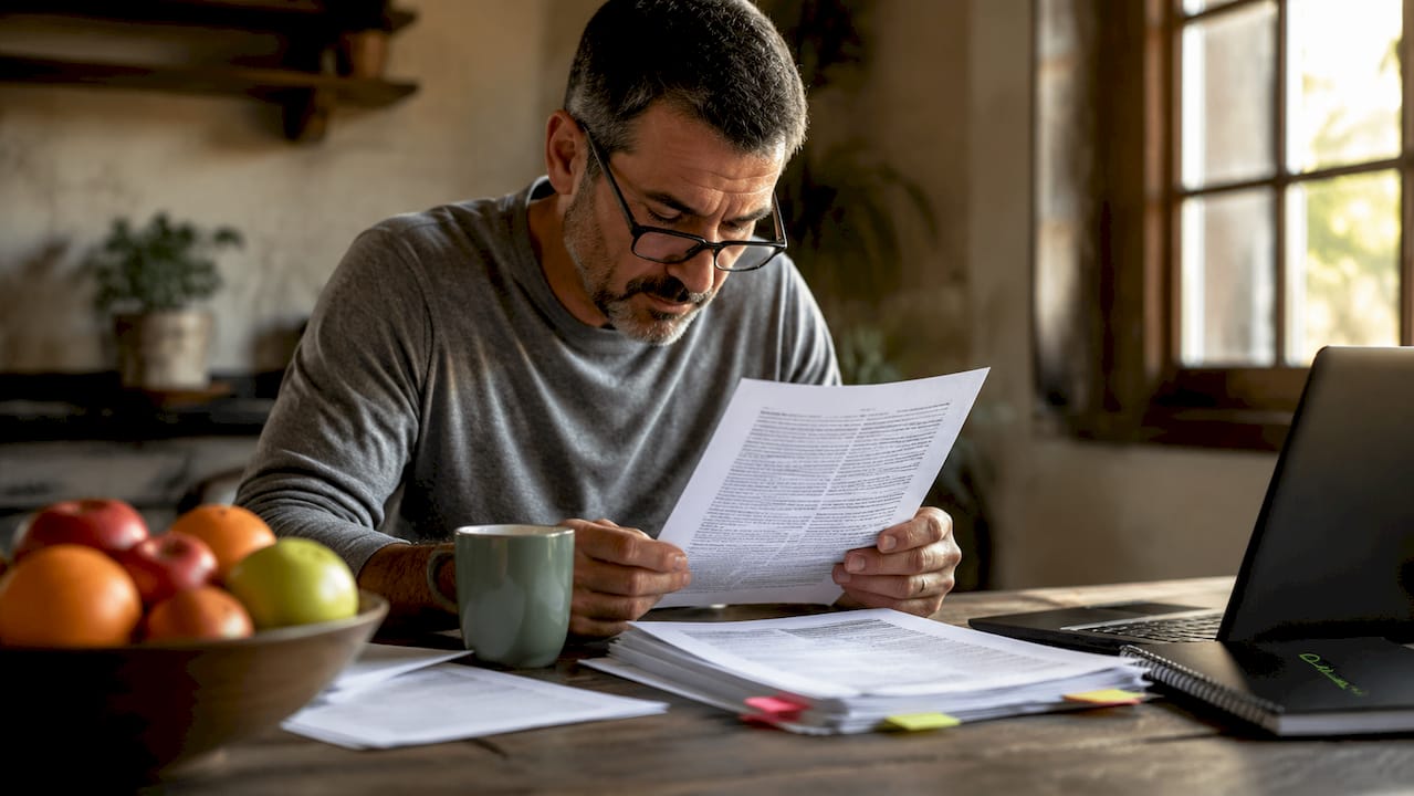 Trucking owner reviewing insurance documents at desk