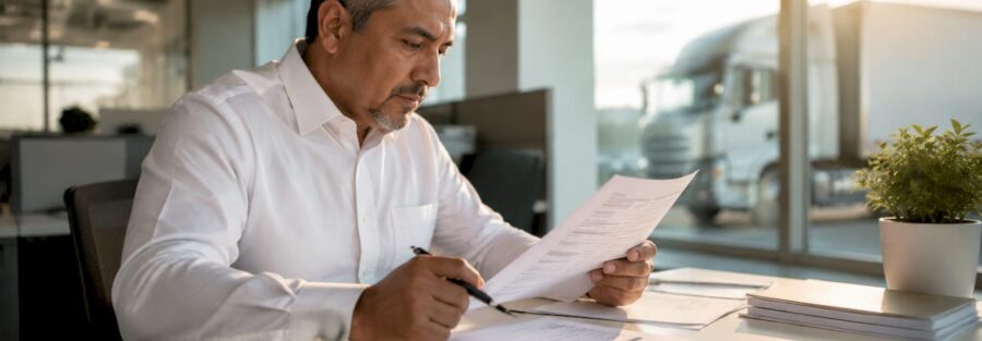 Person reviewing leased truck insurance documents