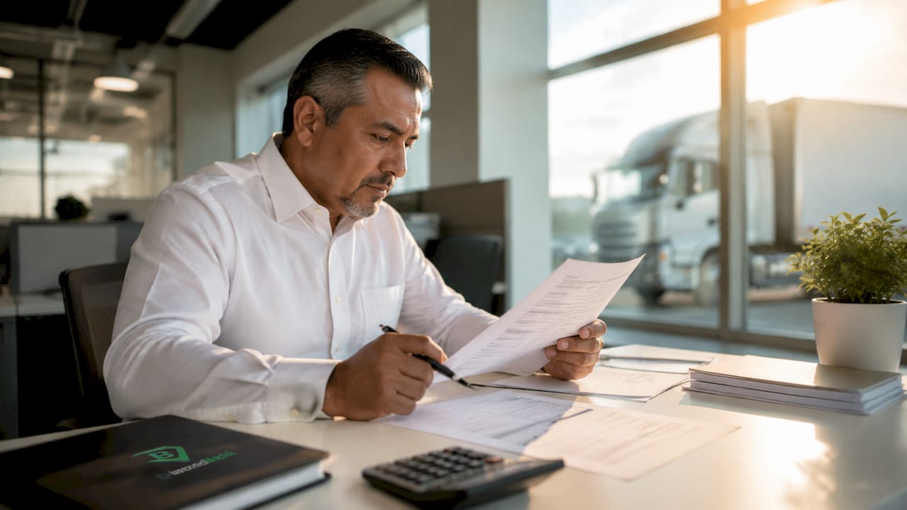 Person reviewing leased truck insurance documents