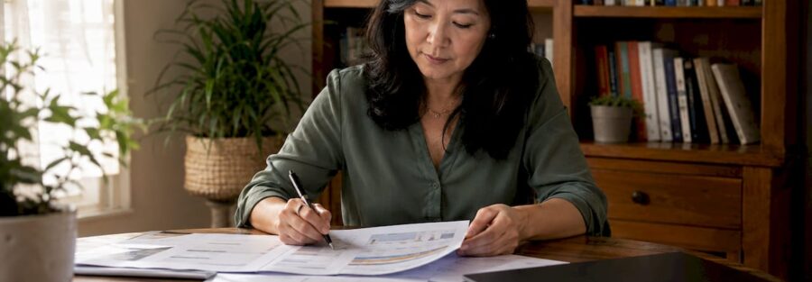 Insurance underwriter reviewing risk assessment reports