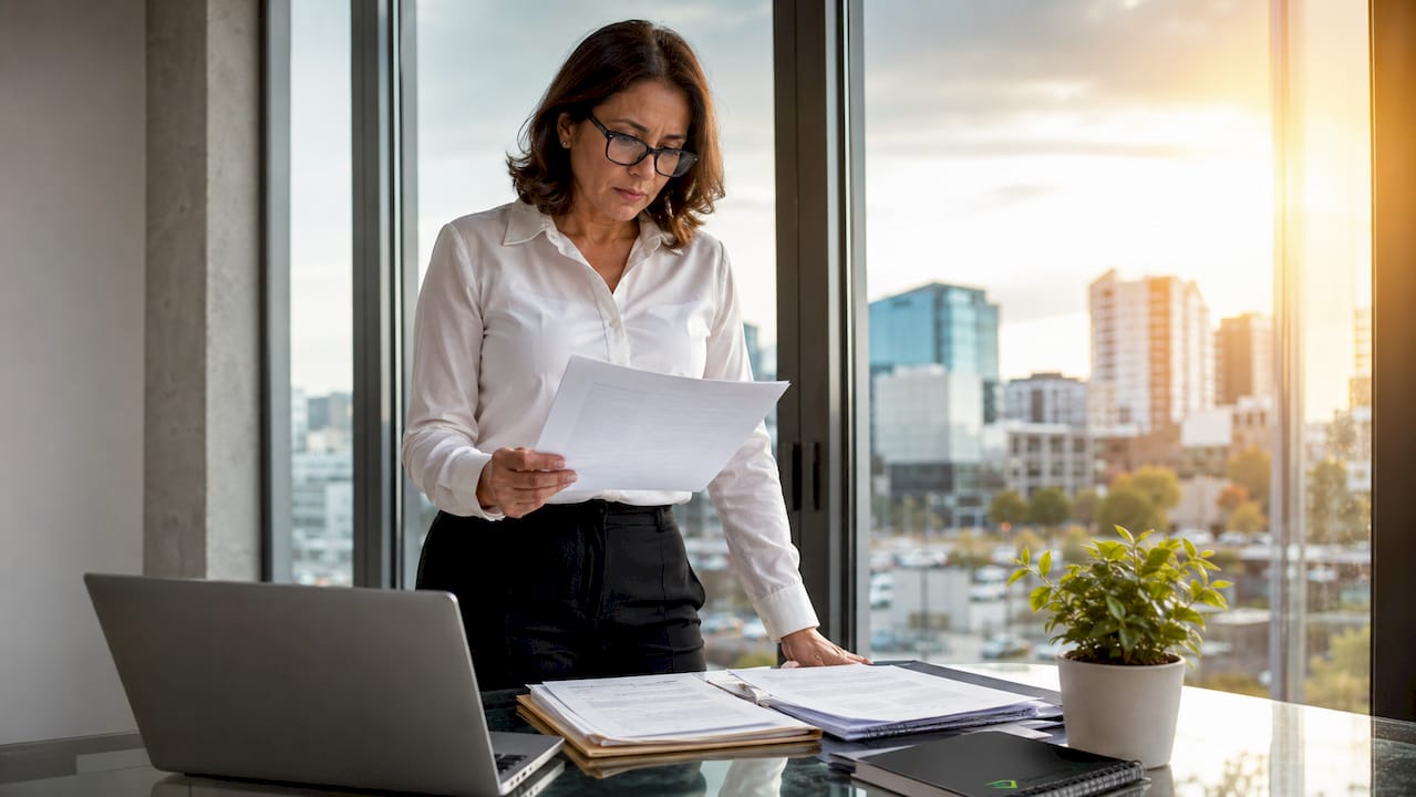 Fleet manager reviewing trucking insurance papers