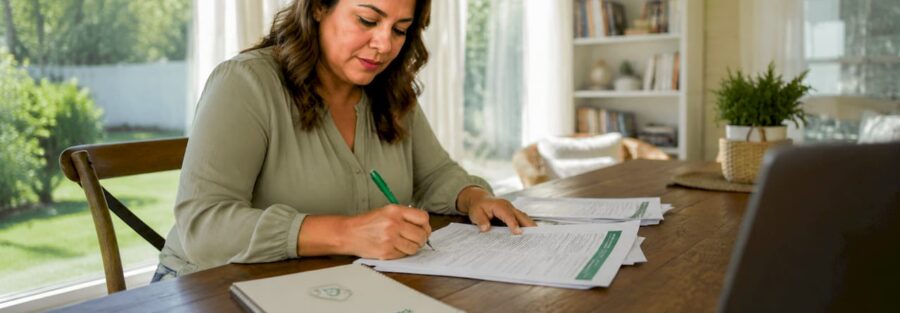 Woman reviewing insurance papers at kitchen table