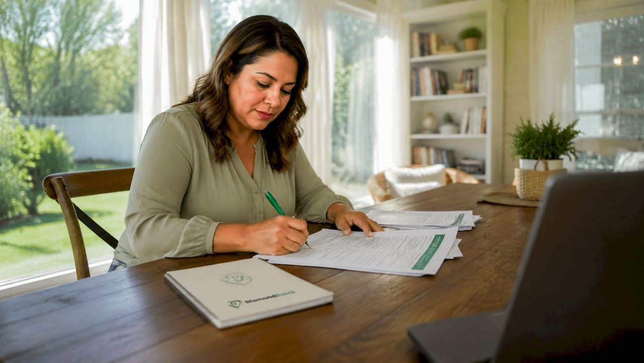 Woman reviewing insurance papers at kitchen table