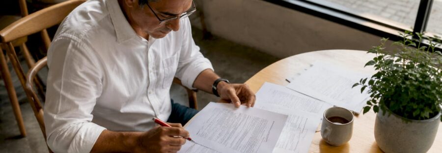 Fleet owner reviewing motor carrier insurance papers