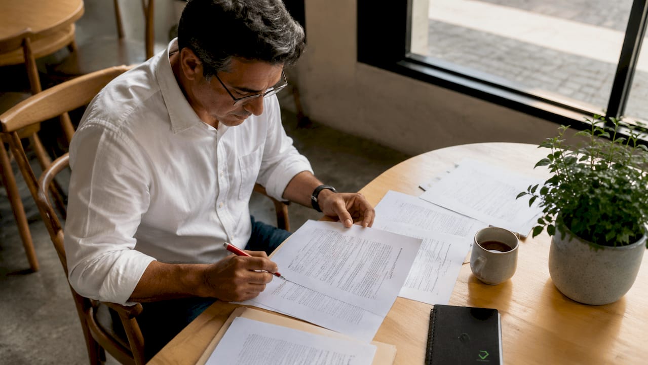 Fleet owner reviewing motor carrier insurance papers