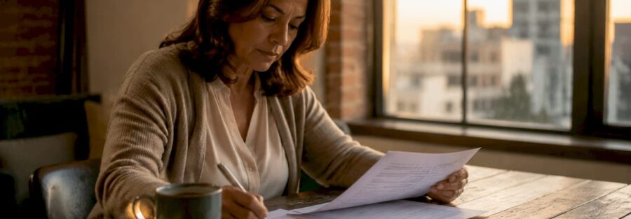 Woman reviewing insurance renewal documents at home