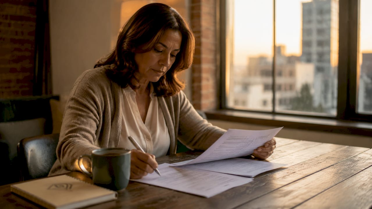 Woman reviewing insurance renewal documents at home