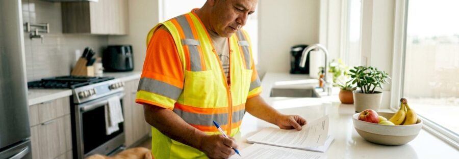 Trucker reviewing insurance documents at home office