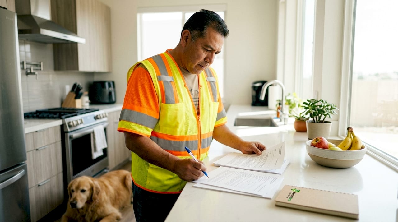 Trucker reviewing insurance documents at home office