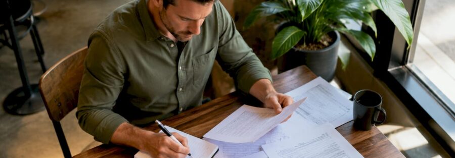 Truck driver reviewing insurance papers at home office