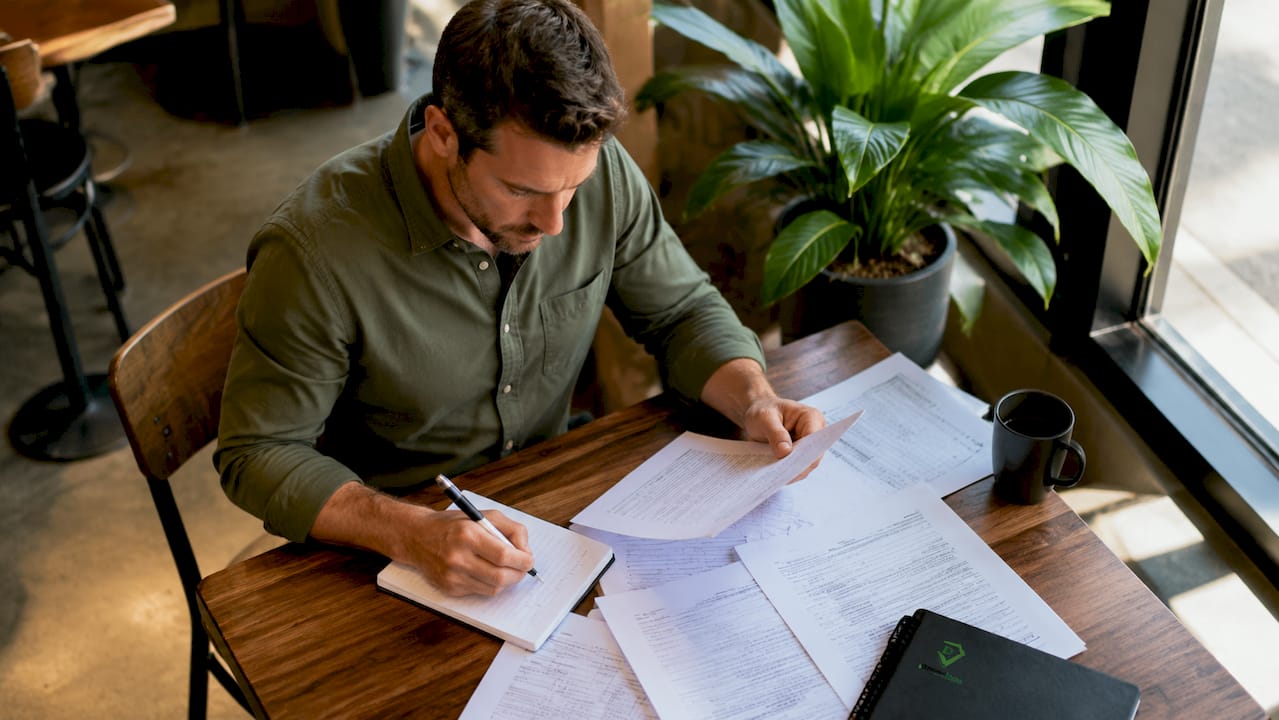Truck driver reviewing insurance papers at home office