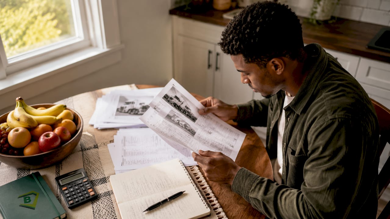 Man reviewing trucking insurance documents at desk